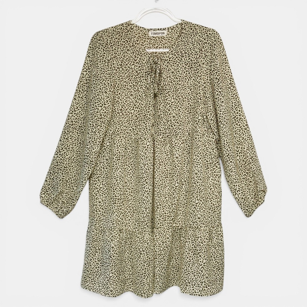 Temofon Womens Sz M Leopard Print Tiered Mini Dress Brown Tan Long Sleeve Rayon
